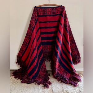 Vintage Red Navy Tribal Stripe Knit Blanket Poncho Fringe OS Western Cowgirl